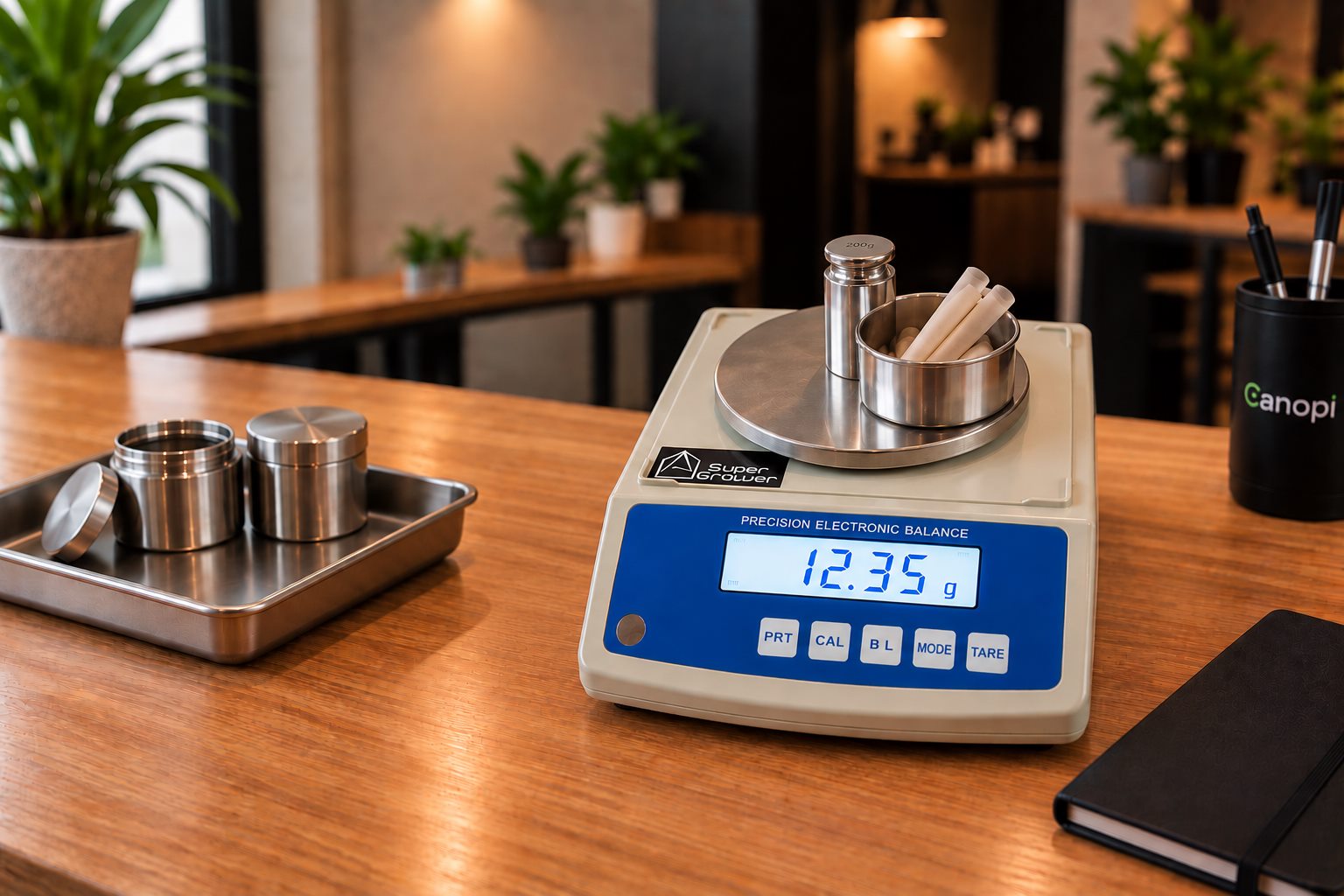 Báscula digital de precisión con una pesa de calibración y un recipiente sobre el plato, en el mostrador del club