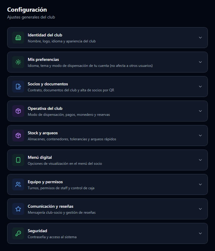 Pantalla de Configuración de Canopi con todas las secciones que ajusta el club