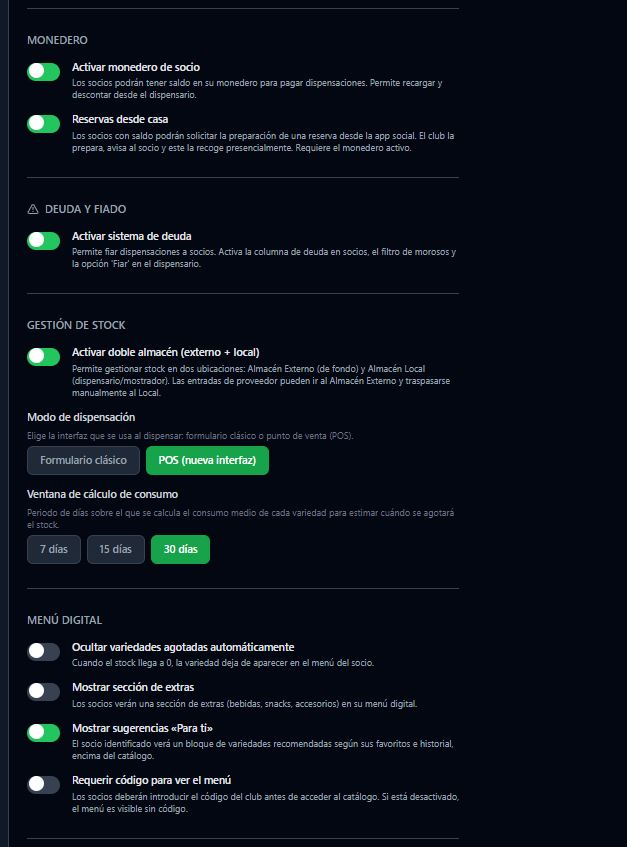 Panel de configuración en Canopi