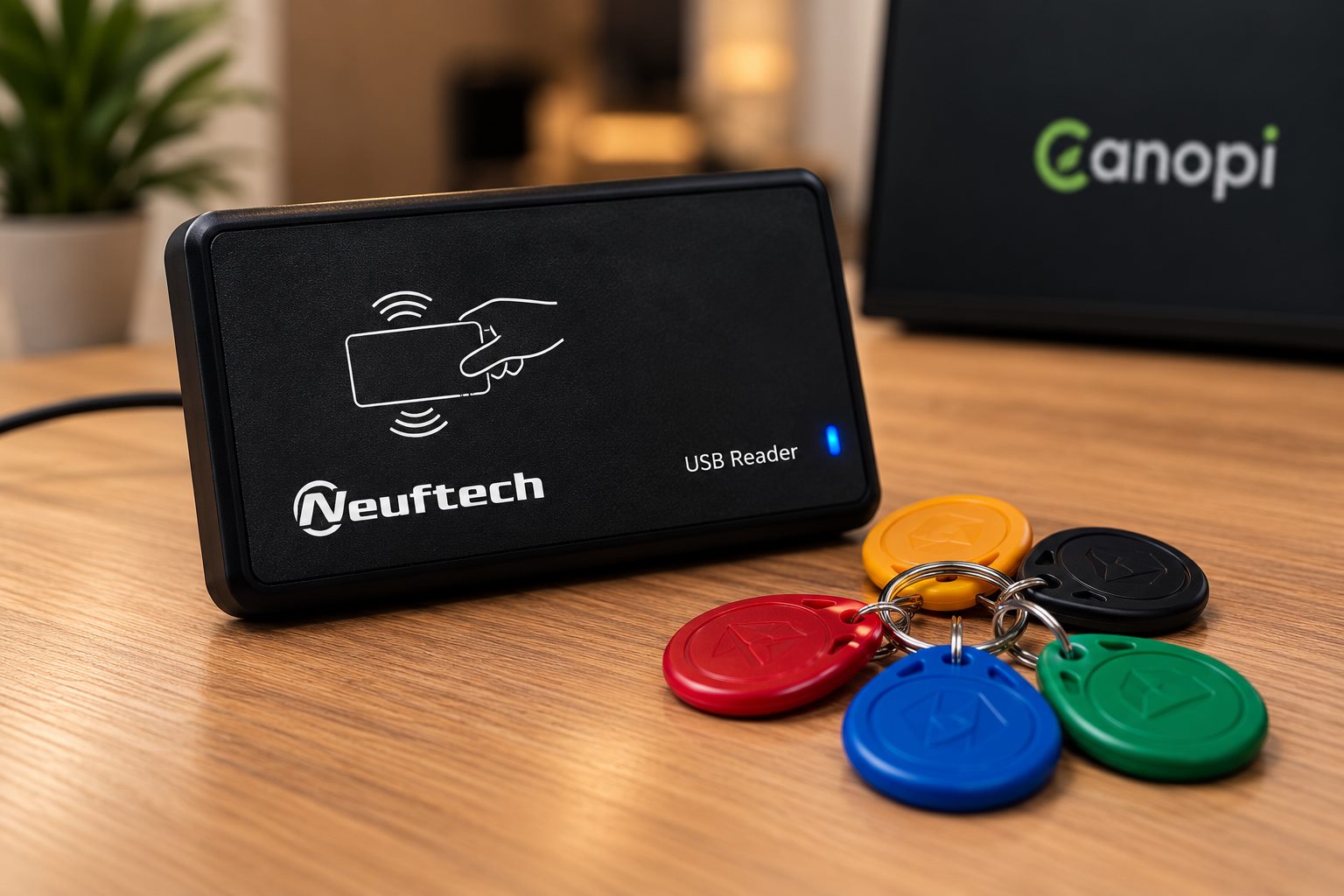Lector RFID USB de Neuftech con llaveros de 125 kHz de colores sobre el mostrador